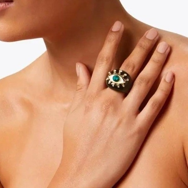 Kurt Geiger Evil Eye Ring Black Enamel Gold Crystal Gem Statement Ring Size 8